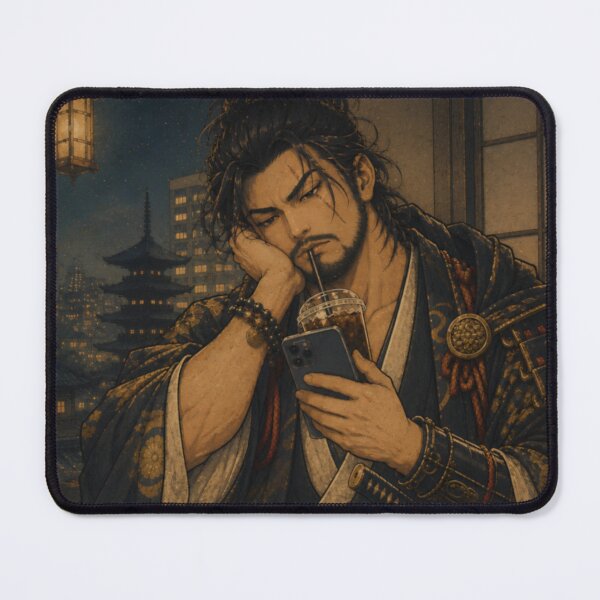 Item preview, Lazy Samurai with Iced Coffee – Japanese Warrior Taking a Break designed and sold by MirokuStudio.