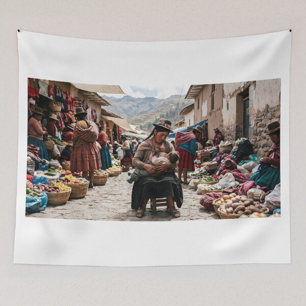 Item preview, Warmth of the Andes: Motherly Love at a Traditional Mountain Market Art Print, Documentary Cultural Photography designed and sold by SOOstudio73.