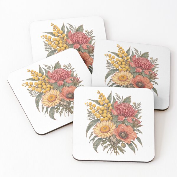 Item preview, Australian Native Flowers Wattle Waratah Bouquet Vintage Aussie Wildflower Art designed and sold by Yellowriversss.
