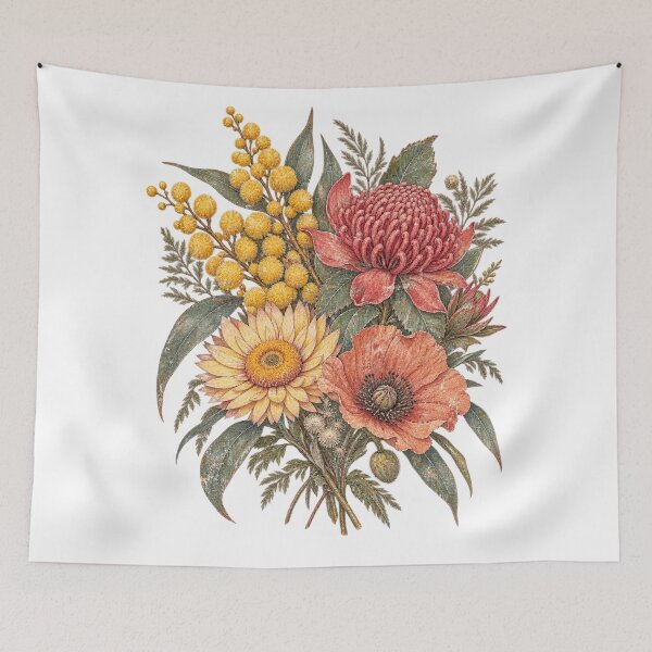 Item preview, Australian Native Flowers Wattle Waratah Bouquet Vintage Aussie Wildflower Art designed and sold by Yellowriversss.