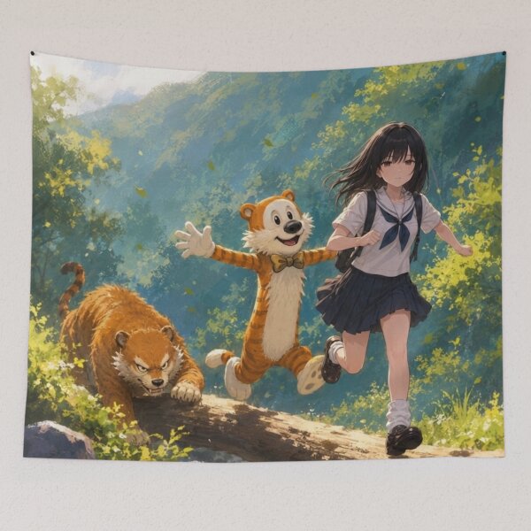 Item preview, Jungle Adventure - Anime Schoolgirl and Tiger Log Crossing Art designed and sold by BLUESKY11a.