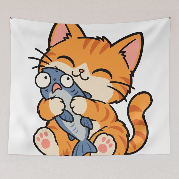 Item preview, Ginger Cat with a Fish – Greedy and Kawaii Cat designed and sold by MewMade.