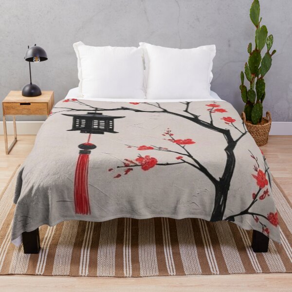 Item preview, Red Sun Sakura Blossom Japanese Pagoda Lantern Asian Ink Art designed and sold by LYAN-STORE.
