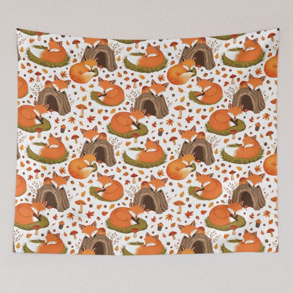 Item preview, Cozy Sleeping Foxes in Autumn | White Background | Fox Art designed and sold by UnhingedBird.