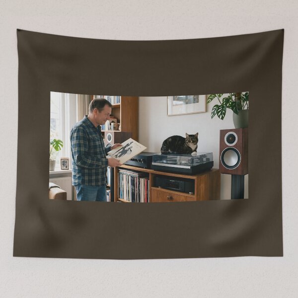 Item preview, Man can’t play his record because cat is on his player designed and sold by WiseBow.