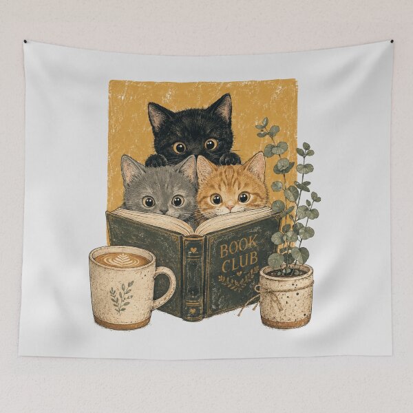 Item preview, Book Club Cats Cozy Reading Kittens Book Lover Cat Mom Art with Coffee designed and sold by Yellowriversss.