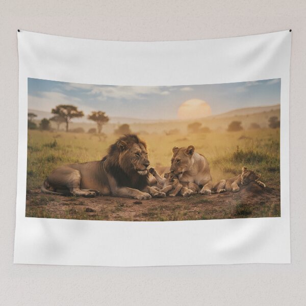 Item preview, Pride of the Savanna: Lion Family at Sunset Art Print, Cinematic Wildlife Documentary Photography designed and sold by SOOstudio73.