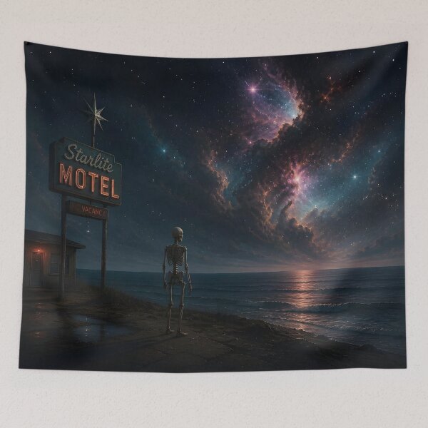 Item preview, Starlite Motel at the Edge of Eternity – Cosmic Skeleton & Nebula Ocean designed and sold by DreamyWallVibes.