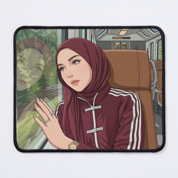 Item preview, red Hijab Portrait ootd elegance cute illustration vector art on train travelling designed and sold by sabartgunpla.