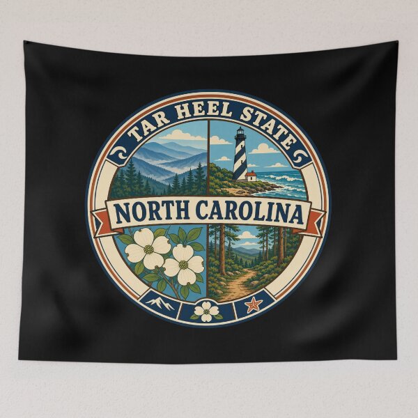 Item preview, North Carolina Tar Heel State Vintage Scenic Travel Badge designed and sold by DreamLayerStudio.