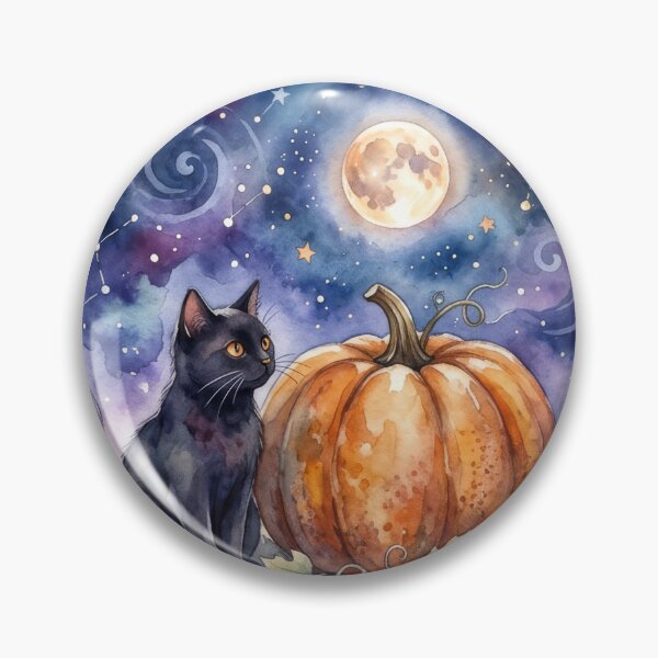 Item preview, Watercolor Black Cat & Pumpkin Midnight Moon designed and sold by TontikDesign.