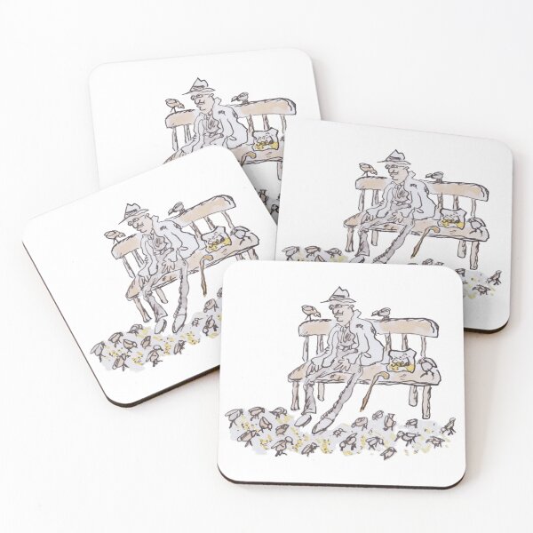 Item preview, man sitting on bench feeding birds designed and sold by Inky Fingers Illustrations.
