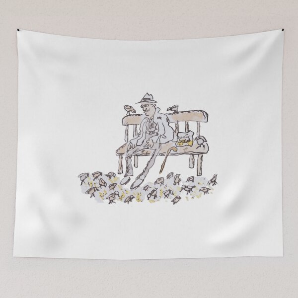 Item preview, man sitting on bench feeding birds designed and sold by Inky Fingers Illustrations.