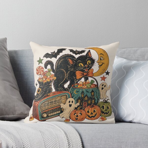 Item preview, Retro Halloween Black Cat, Ghosts, Pumpkins, Candy and Vintage Radio Collage designed and sold by SezzyDesigns.