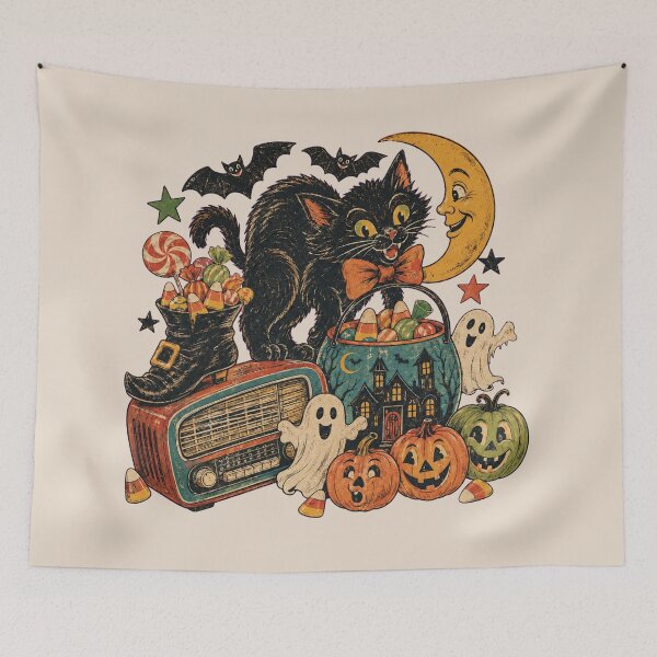 Item preview, Retro Halloween Black Cat, Ghosts, Pumpkins, Candy and Vintage Radio Collage designed and sold by SezzyDesigns.