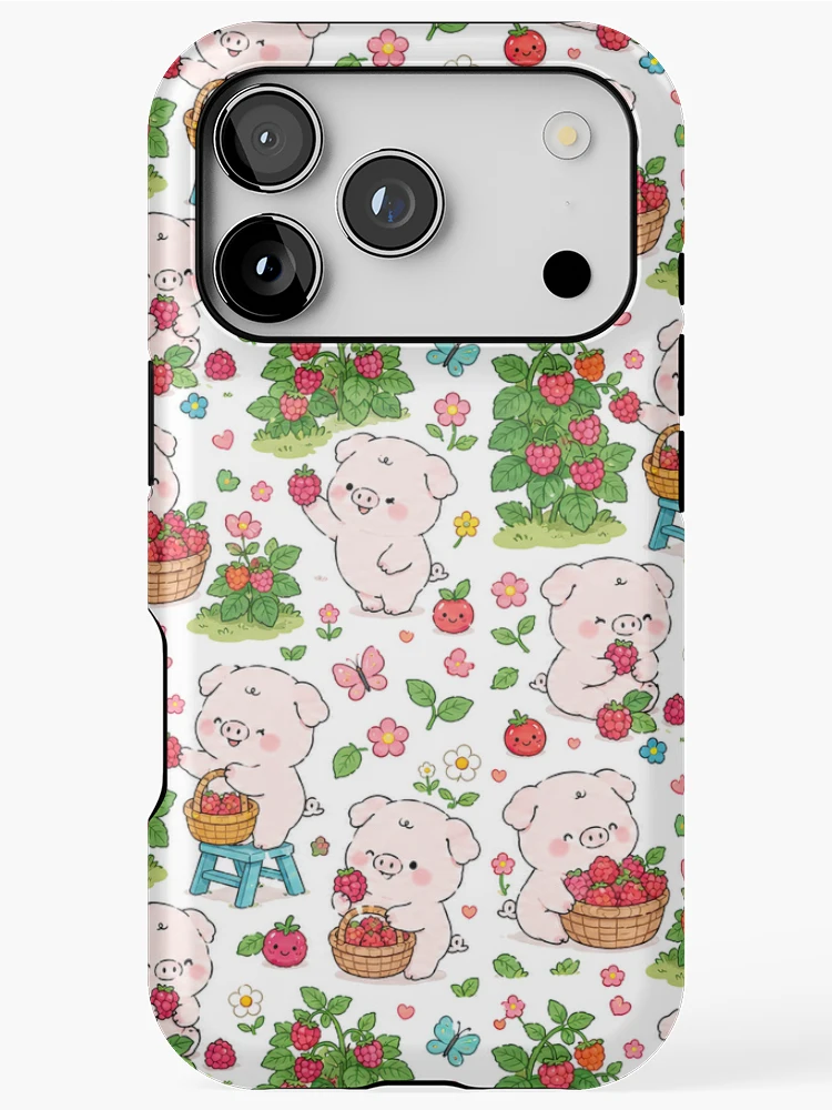 Thumbnail 1 of 4, iPhone Case, Piggy Raspberry Garden Pattern designed and sold by Soft Berry Studio.