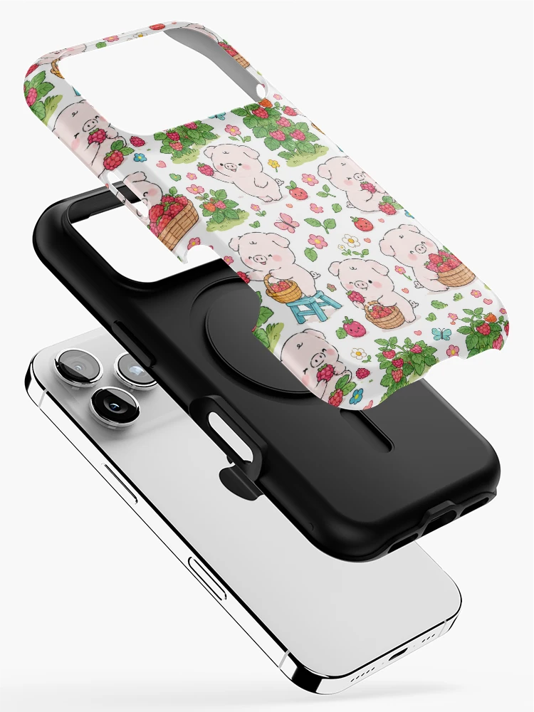 Thumbnail 2 of 4, iPhone Case, Piggy Raspberry Garden Pattern designed and sold by Soft Berry Studio.