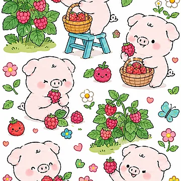 Artwork thumbnail, Piggy Raspberry Garden Pattern by Soft Berry Studio