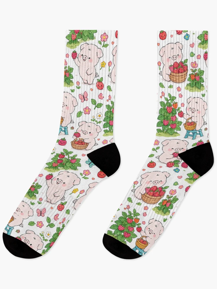 Thumbnail 1 of 5, Socks, Piggy Raspberry Garden Pattern designed and sold by Soft Berry Studio.