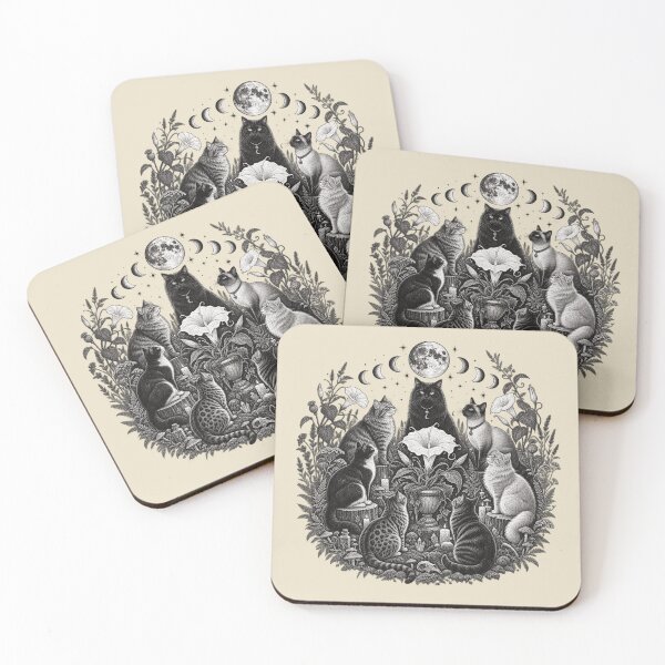 Item preview, Witchy Cat Lovers Moonflower Engraving designed and sold by POD DYNASTY | Original Print On Demand T-Shirt Graphics.