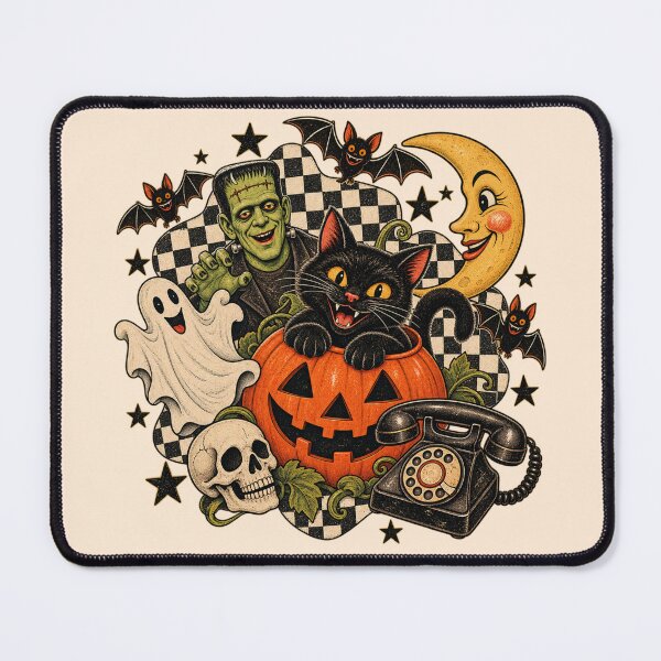 Item preview, Retro Halloween Black Cat and Jack O Lantern, Ghost, Classic Monster and Vintage Telephone Collage designed and sold by SezzyDesigns.