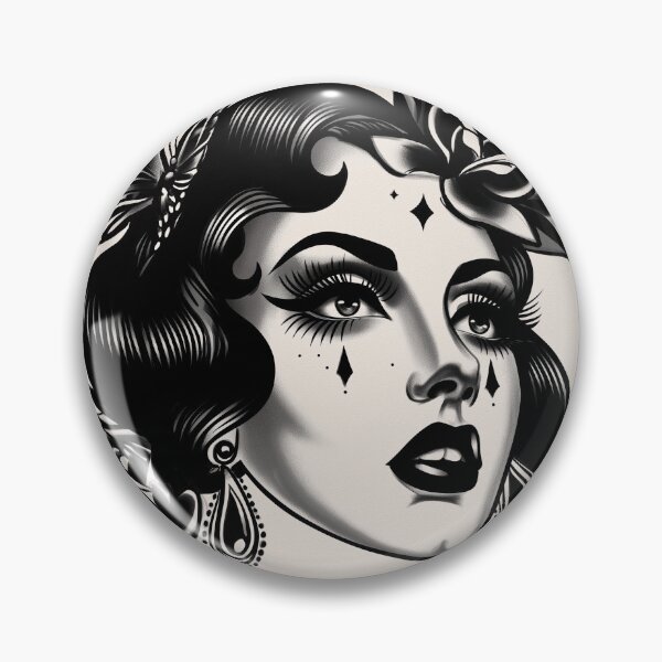 Item preview, Pin-Up Tattoo – Retro Woman, Roses & Butterfly in Black and White designed and sold by ateliermnp.