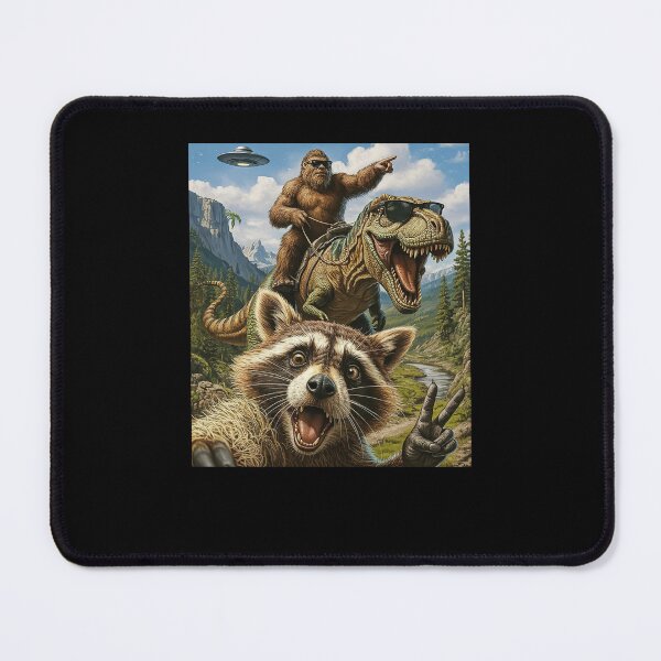 Item preview, Raccoon Selfies with Bigfoot riding T-rex and UFO designed and sold by Hedoraxe.