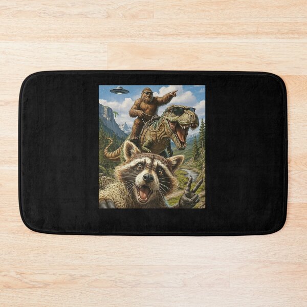 Item preview, Raccoon Selfies with Bigfoot riding T-rex and UFO designed and sold by Hedoraxe.