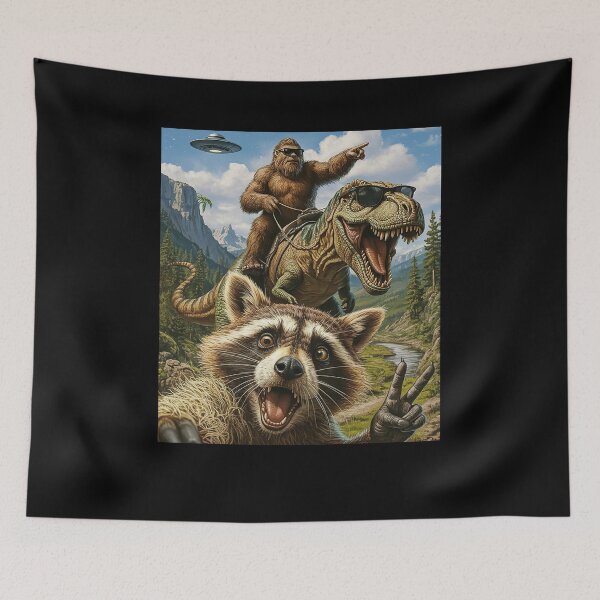 Item preview, Raccoon Selfies with Bigfoot riding T-rex and UFO designed and sold by Hedoraxe.