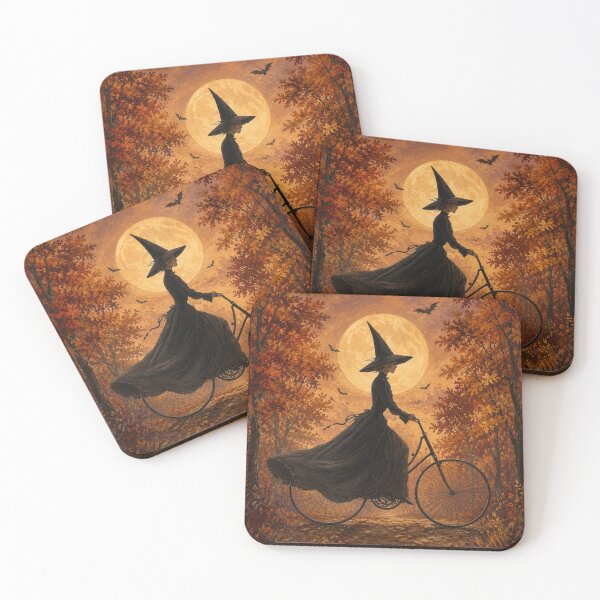 Item preview, Autumn Moon Witch Bicycle Painting – Vintage Halloween Forest Art designed and sold by SezzyDesigns.