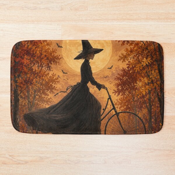 Item preview, Autumn Moon Witch Bicycle Painting – Vintage Halloween Forest Art designed and sold by SezzyDesigns.