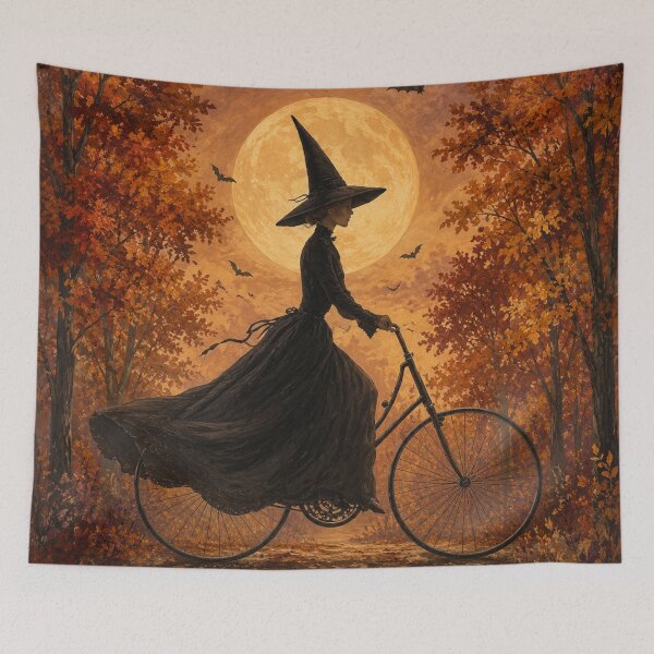 Item preview, Autumn Moon Witch Bicycle Painting – Vintage Halloween Forest Art designed and sold by SezzyDesigns.