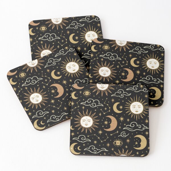 Item preview, Vintage Gold Celestial Sun Moon and Stars Mystic Pattern Black designed and sold by QCena.