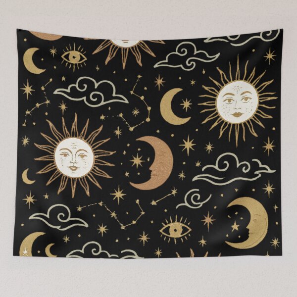 Item preview, Vintage Gold Celestial Sun Moon and Stars Mystic Pattern Black designed and sold by QCena.