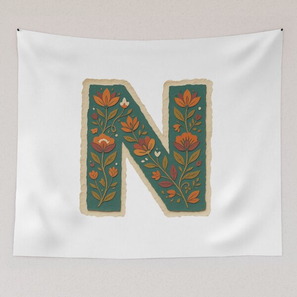 Item preview,  Decorative teal Floral Letter N Folk Art Monogram designed and sold by ITCHAWAWAA.