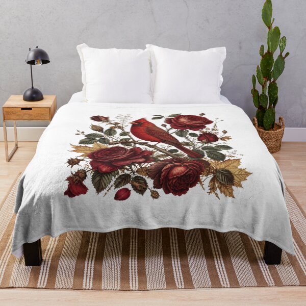 Item preview, Cardinal and Dark Red Roses | Vintage Botanical Bird designed and sold by VaneDesings.