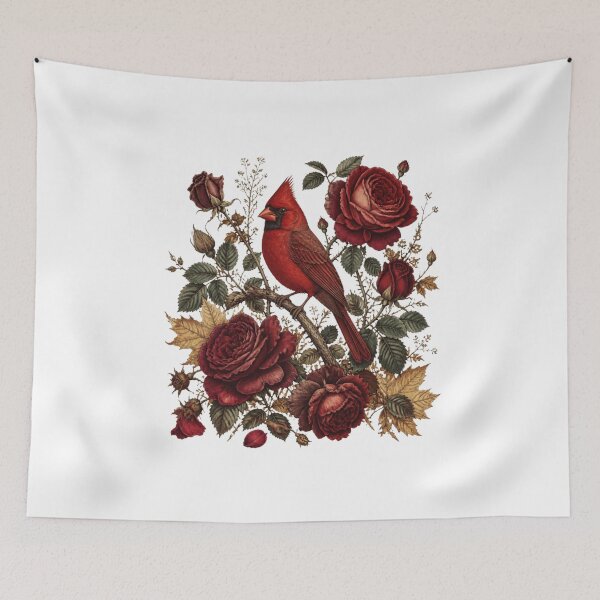 Item preview, Cardinal and Dark Red Roses | Vintage Botanical Bird  designed and sold by VaneDesings.
