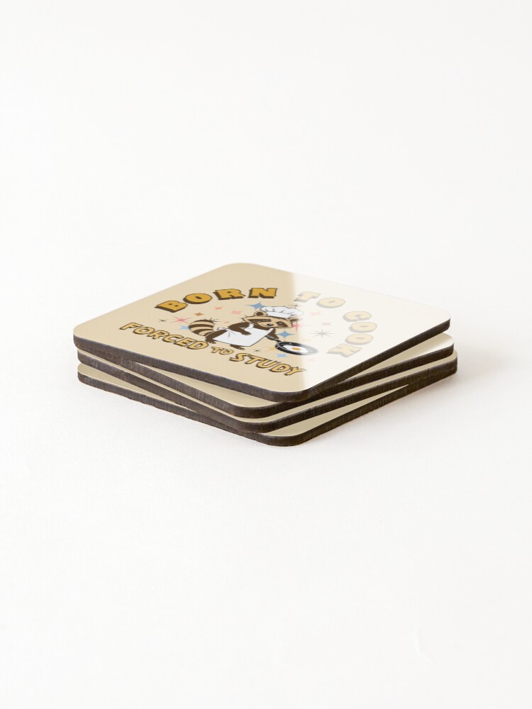 Thumbnail 4 of 5, Coasters (Set of 4), Born To Cook, Forced To Study – Chef Raccoon designed and sold by Shedronpanda.