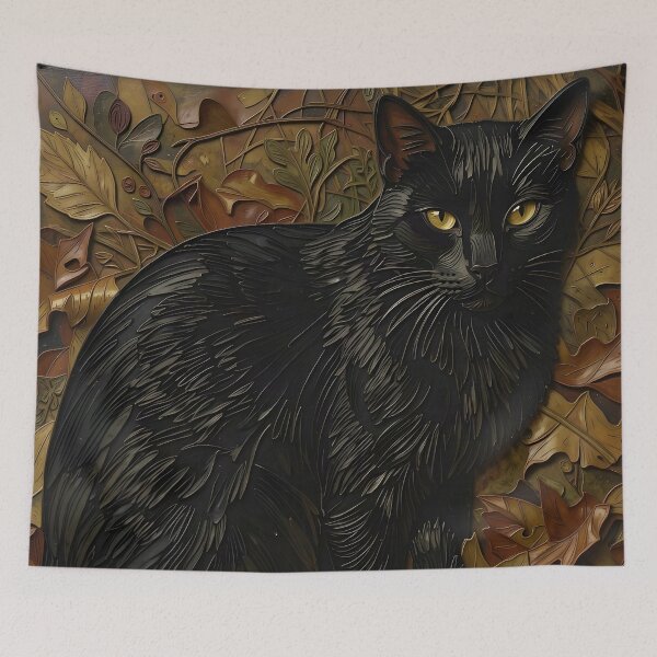 Item preview, Textured Black Cat in Leaves designed and sold by Reclining Buddha Cat.