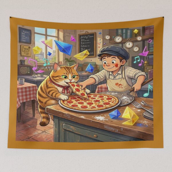 Item preview, Whimsical Pizza Party Cat and Chef Boy Illustration designed and sold by Breezes-of-Ida.