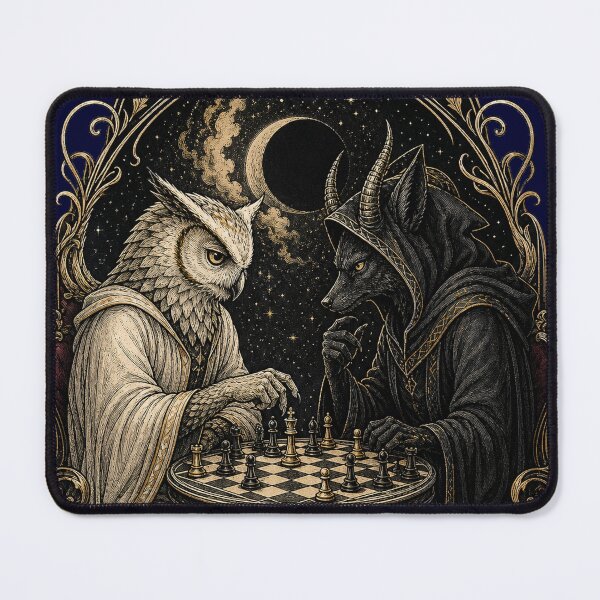 Item preview, Your Move Mortal - Dark Fantasy Owl and Horned Beast Playing Chess designed and sold by SVox.