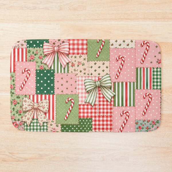 Item preview, Christmas Pink Patchwork Candy Canes Bows Vintage  designed and sold by SunfullyYours.
