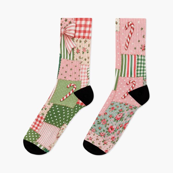 Item preview, Christmas Pink Patchwork Candy Canes Bows Vintage  designed and sold by SunfullyYours.