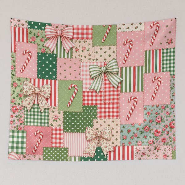 Item preview, Christmas Pink Patchwork Candy Canes Bows Vintage  designed and sold by SunfullyYours.