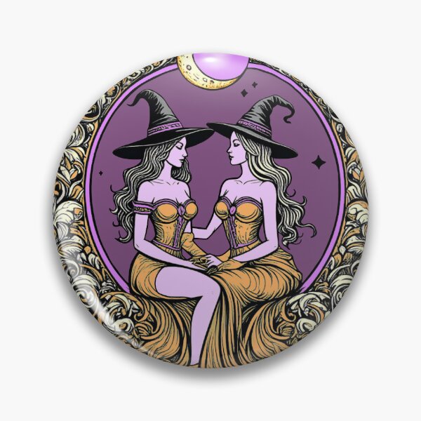Item preview, Lesbian Witches Crescent Moon Art Nouveau Love Romantic LGBTQIA Pride Lesbian Flag Purple Orange Halloween Spooky Magic Celestial Stars designed and sold by pillarofme.