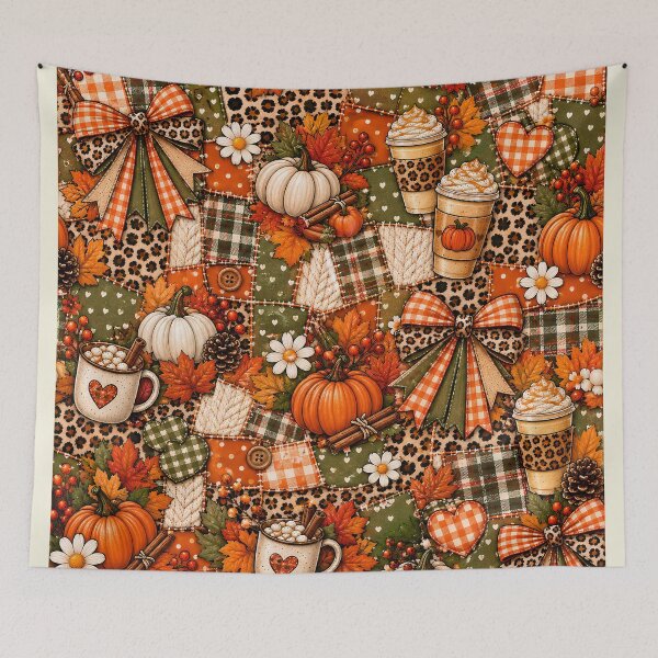 Item preview, Fall Autumn Season Patchwork Pattern Pumpkins Coffee designed and sold by SunfullyYours.