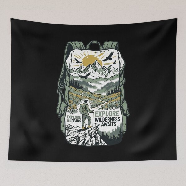 Item preview, Hiking Backpack Mountain Trail Hiker Wilderness Awaits Vintage Outdoor Emblem designed and sold by Animer-art1.