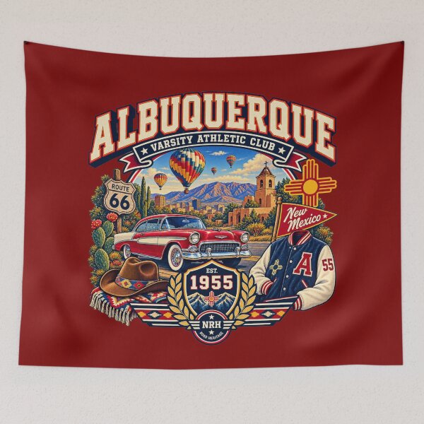 Artikelvorschau, Albuquerque New Mexico Varsity 1955 entworfen und verkauft von Normandy Road Heritage™ - Vintage Garage Art.