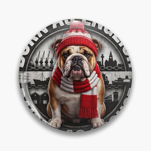 Aperçu de l'œuvre Bouledogue anglais de Liverpool avec une écharpe de supporter rouge et blanche créée et vendue par LavIsInTheAir.