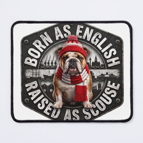 Item preview, Liverpool Scouse English bulldog with red and white fan scarf designed and sold by LavIsInTheAir.